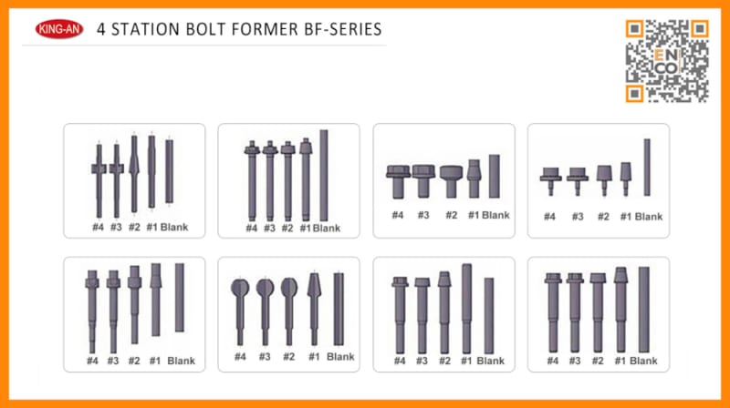 Illustrates the 4-stage cold forging process for various bolt types, showing the progression from raw blank to finished bolt. Features different bolt head and shank designs formed by a KING-AN BF-series 4-station bolt former.