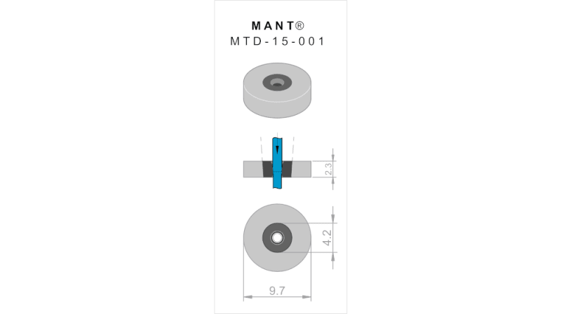 Disegno tecnico del componente cilindrico MANT MTD-15-001 con diametro esterno di 9.7mm, diametro interno di 4.2mm e spessore di 2.3mm.