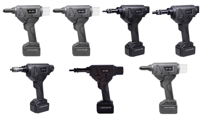 Seven dark gray and black cordless battery-powered rivet guns, including models GO-BR1, GO-BR2, GO-RU1, GO-RU2, GO-RU3, GO-SN1, and GO-TR1.