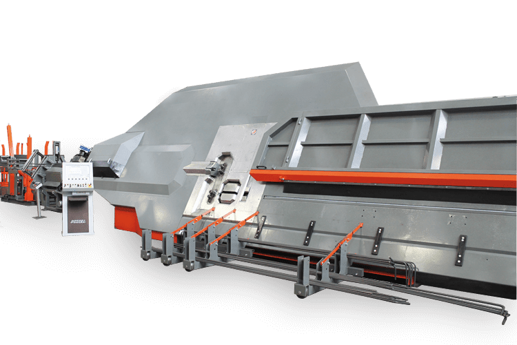 Automatic industrial rebar processing and bending machine with steel bars and a control panel.