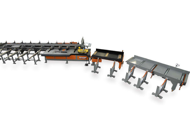 Schnell industrial machine system featuring an automated central processing unit, long material feeding tables, and modular support stations.