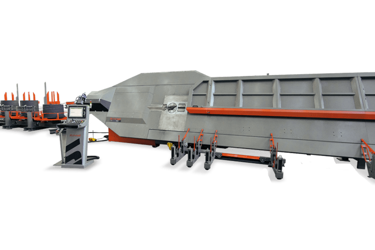 RAUMA industrial rebar processing machine with multiple wire coil feeding stations, an operator control panel, and a long grey bending or cutting unit with orange accents.