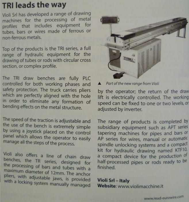 Macchina di trafilatura idraulica Violi della serie TRI, progettata per la lavorazione di tubi, barre e profili metallici.