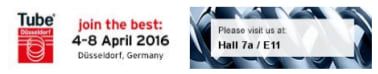 Advertisement for Tube Düsseldorf 2016 trade fair, detailing dates 4-8 April in Düsseldorf, Germany, and booth location Hall 7a / E11.