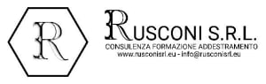 Logo di Rusconi S.R.L. con una R stilizzata all'interno di un esagono, accompagnato dalla dicitura 'CONSULENZA FORMAZIONE ADDESTRAMENTO' e dai contatti web 'www.rusconisrl.eu - info@rusconisrl.eu'.