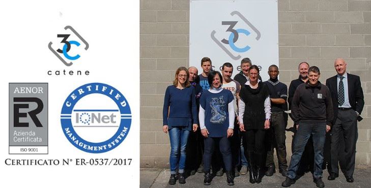 3C catene company team photo with their logo prominently displayed, alongside ISO 9001 and IQNet management system certifications.