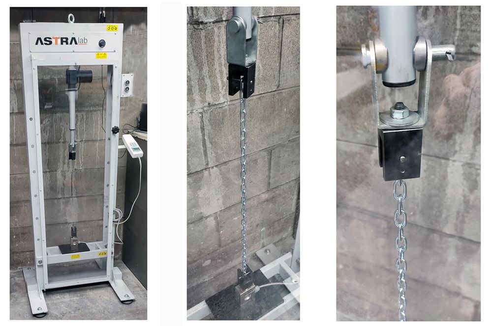 ASTRA lab universal testing machine performing a tensile strength test on a metal chain, with close-ups of the chain's attachment points.