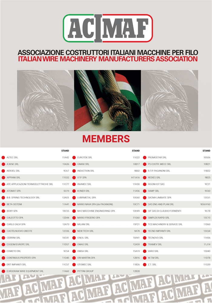 ACIMAF logo and the full name 'Italian Wire Machinery Manufacturers Association', accompanied by an image of twisted steel and copper wire cables set against the Italian flag. Below this, a section titled 'MEMBERS' lists numerous member companies with their assigned stand numbers.