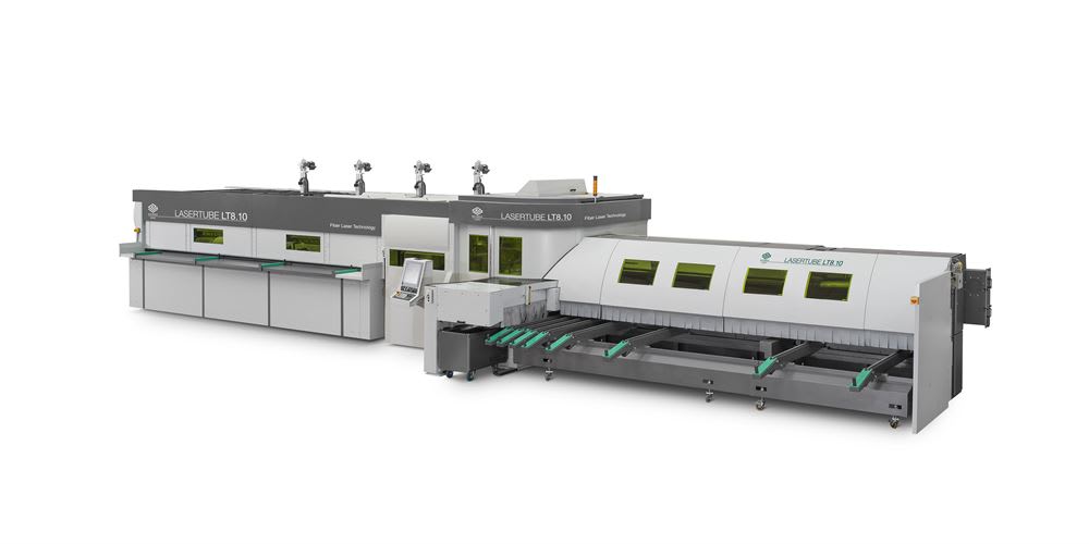 LASERTUBE LT7 industrial machine for laser tube cutting, featuring a control panel and two mobile loading platforms
