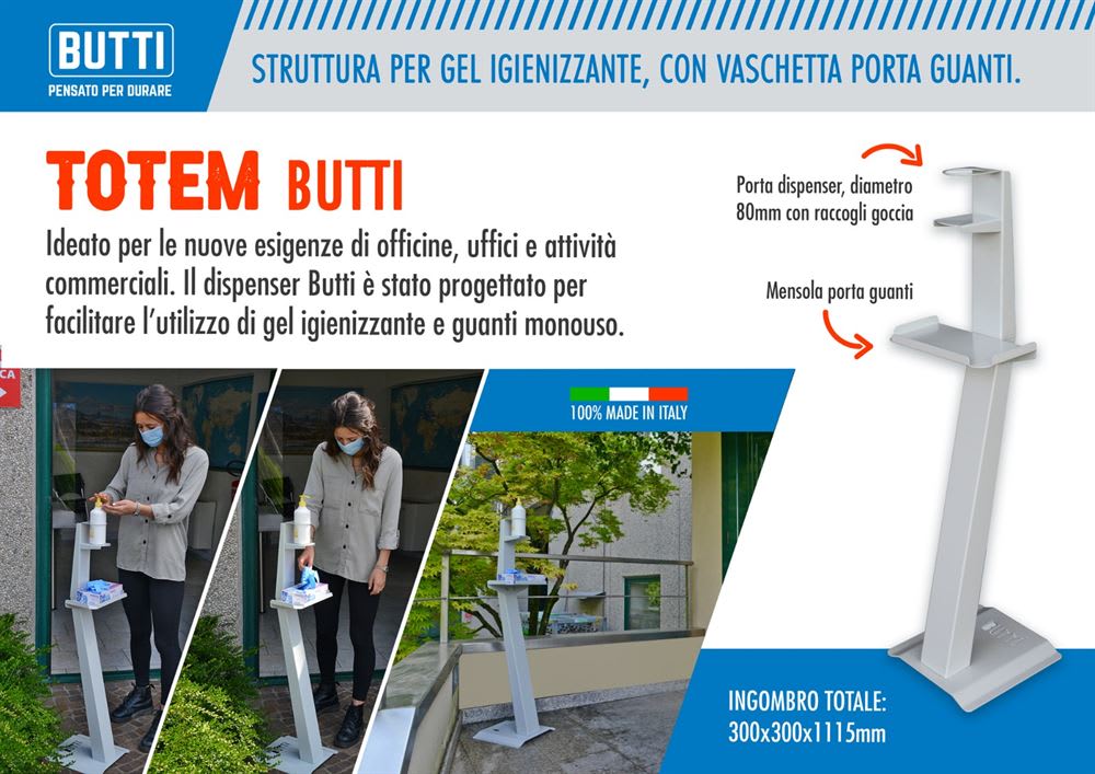 Totem dispenser Butti di colore grigio per gel igienizzante e guanti monouso, con porta flacone da 80mm e raccogli goccia, oltre a una mensola per guanti. Ideale per officine, uffici e attività commerciali, prodotto Made in Italy.