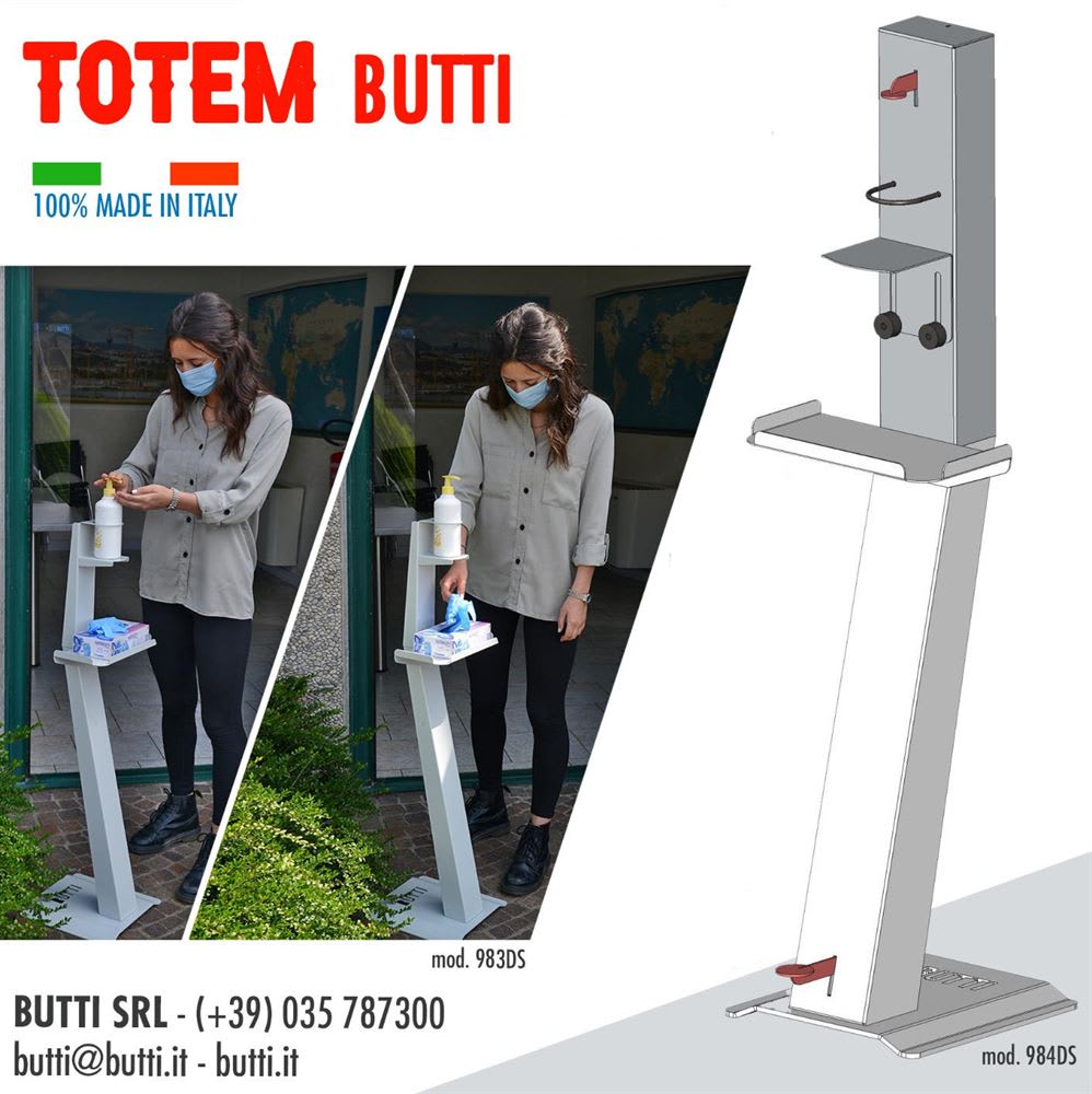 Butti Totem foot-pedal hygiene station for hand sanitizer and PPE, 100% Made in Italy. Displays model 983DS with a woman sanitizing and taking gloves, alongside a 3D render of model 984DS.
