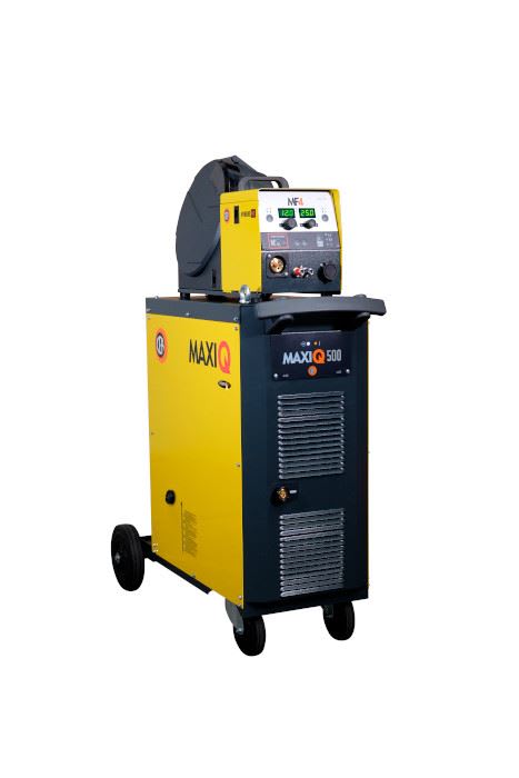MAXIQ 500 industrial welding system, yellow and dark grey, with top-mounted wire feeder, digital displays, and castor wheels.