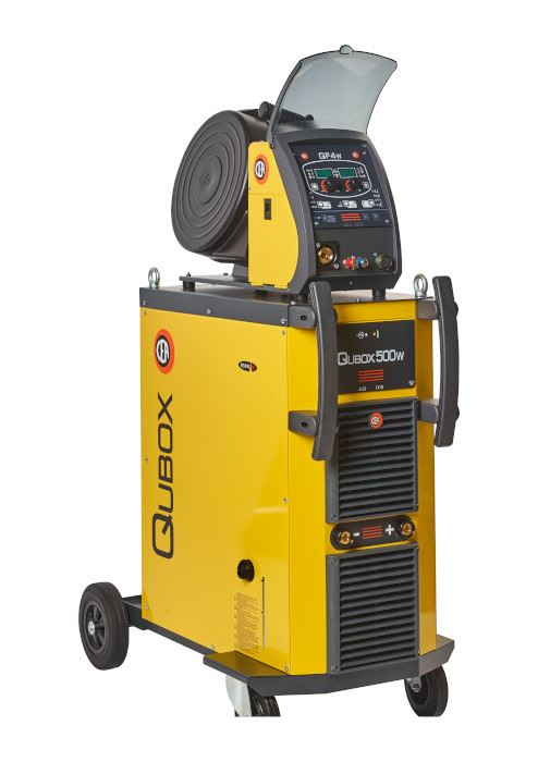 Cebora Qubox 500w industrial welding power source, yellow and black, with a GF4w wire feeder unit on top, mounted on wheels for mobility.