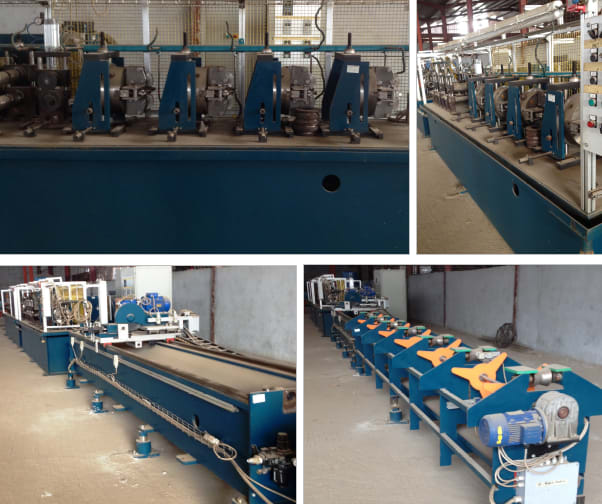 Industrial production line with blue machinery, featuring multiple processing stations, material guides, and a control panel for manufacturing or forming operations.