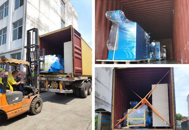 Industrial machinery, wrapped and palletized, being loaded by a forklift into a shipping container and secured for transport.