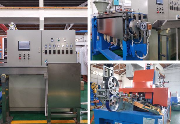 Automated industrial machinery for wire and cable manufacturing, showing a central control panel, a material extrusion unit with a feeder, and downstream processing rollers in a factory setting.
