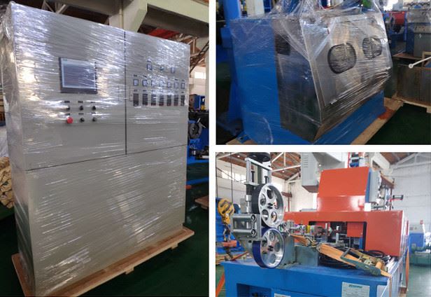 Newly packaged industrial manufacturing machinery, featuring a grey electrical control panel with an HMI, a blue-based processing unit with a metallic enclosure, and a red and blue wire drawing machine with large pulleys.