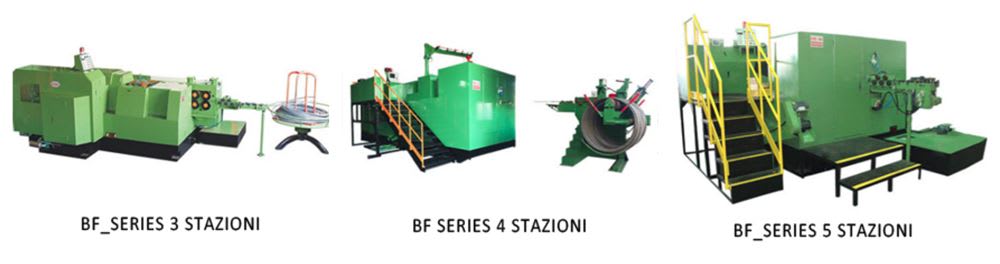 Three green BF Series multi-station cold heading machines, including 3, 4, and 5 station models, used for industrial fastener and bolt manufacturing.