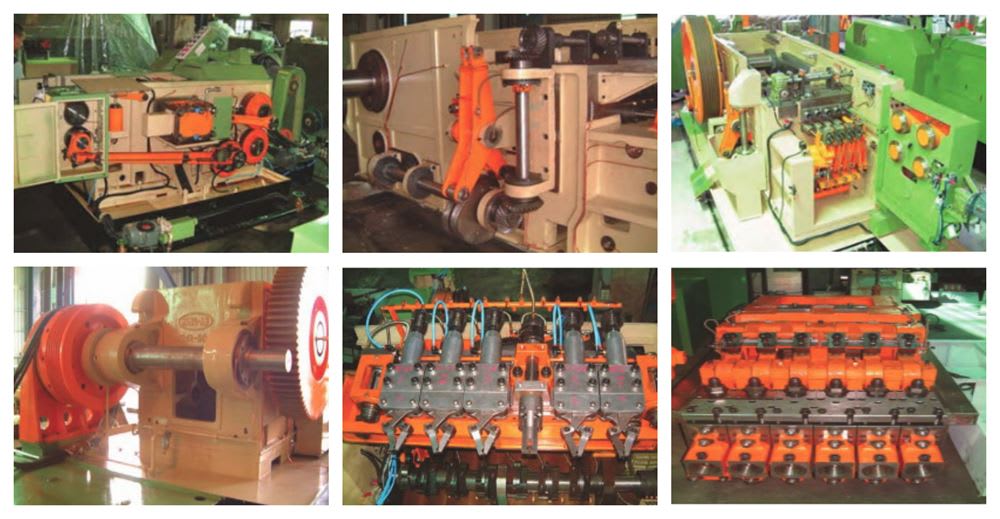 Six detailed views of industrial manufacturing machinery, including a wire processing machine, power transmission gearboxes, hydraulic gripping mechanisms, and modular tooling components, highlighting complex mechanical systems.