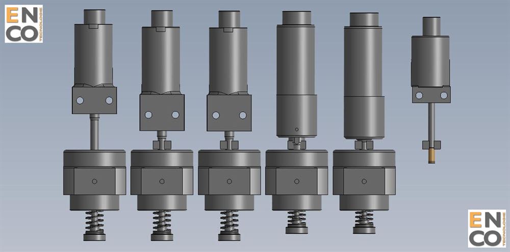 Seven grey industrial mechanical components, likely shock absorbers or hydraulic dampers, displayed in various configurations as 3D CAD renderings, with some units featuring external springs.