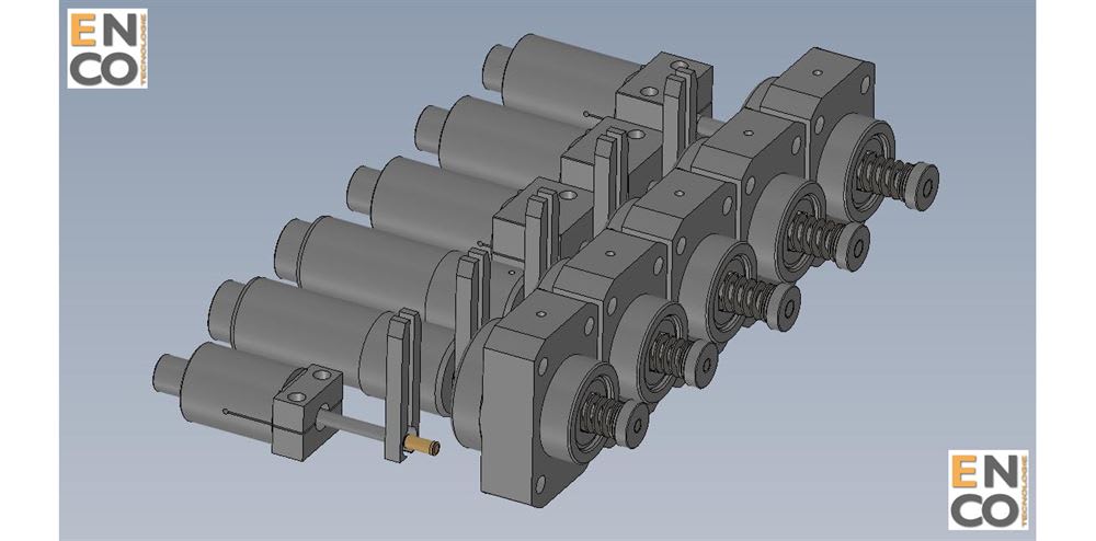 3D CAD rendering of a modular mechanical assembly for linear motion, featuring multiple cylindrical actuators connected to housings containing lead screws and bearings.