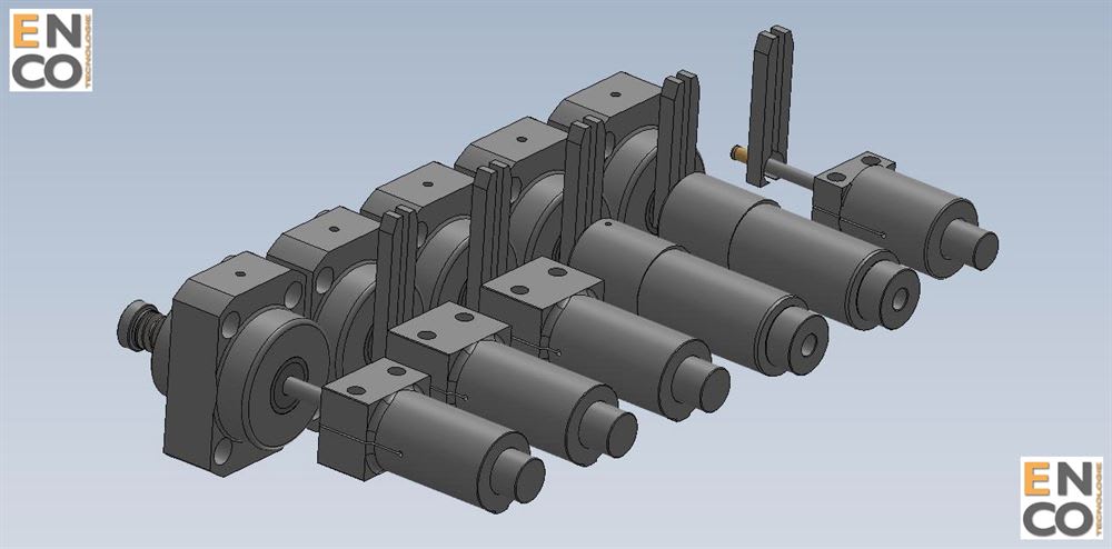 3D CAD render showing a modular mechanical assembly with a linear arrangement of interconnected bearing blocks, rollers, and embedded actuators.