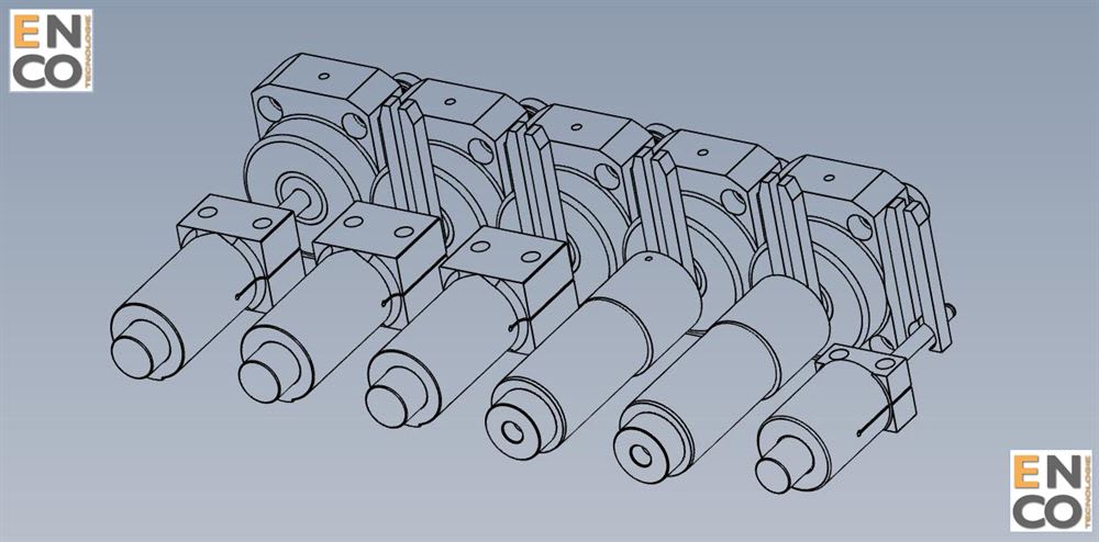 3D CAD model showing six mechanical cylinders with associated mounting blocks, arranged in a line on a grey background, in a technical drawing style.