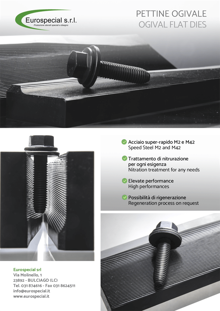Eurospecial Ogival Flat Dies for thread rolling, made from Speed Steel M2 and M42 with nitration treatment, shown with a bolt during the threading process.