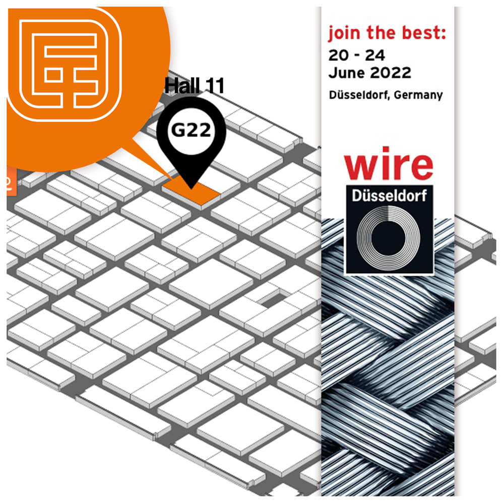 Wire Düsseldorf 2022 exhibition floor plan highlighting Hall 11, stand G22. Event details: June 20-24, 2022, Düsseldorf, Germany.