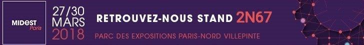 Рекламный баннер выставки MIDEST Paris 27-30 марта 2018 года с приглашением посетить стенд 2N67 в Parc des Expositions Paris-Nord Villepinte.