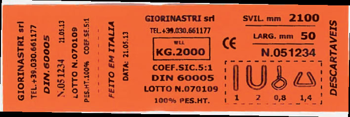 Orange Giorinastri lifting sling product label with WLL 2000kg, safety factor 5:1, 2100mm length, 50mm width, 100% PES.HT. material. Includes CE mark, DIN 60005 standard, lot N.070109, manufacturing date 21.05.13, 'Made in Italy', 'Disposable' text, and diagrams for sling configurations.