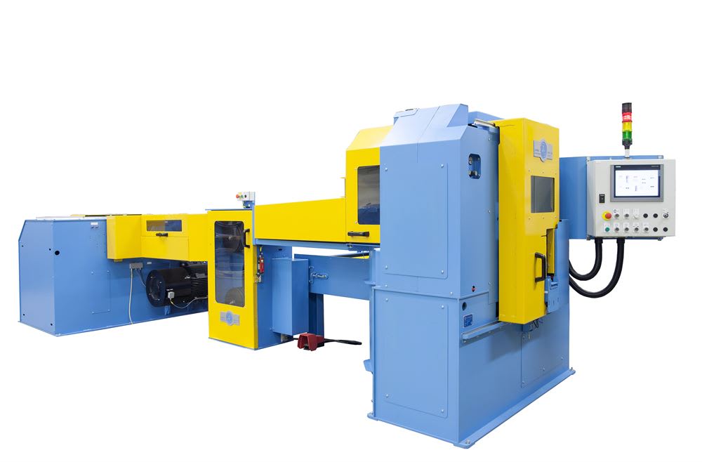 Hoffman Steinhauer PWA 2000 automated wire processing machine with a monitor displaying software controls for wire stripping and cutting parameters, and a yellow wire being fed into the machine.