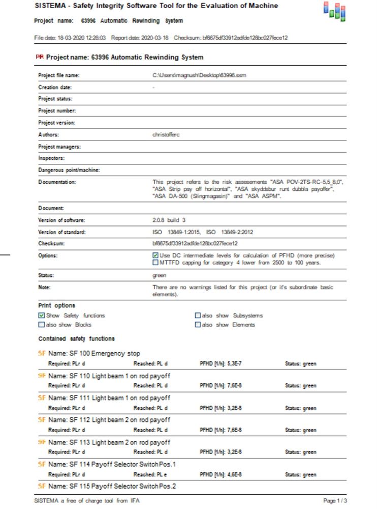 SISTEMA safety integrity report for Automatic Rewinding System project 63996, showing all safety functions including emergency stop and light beams achieved required performance levels (PLd, PLe) and green status.