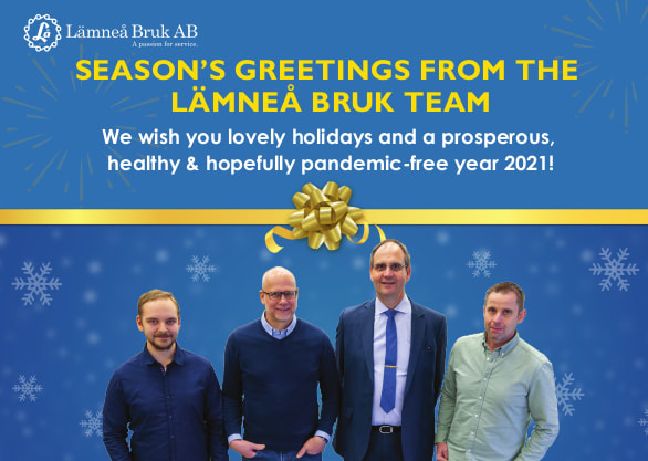 Lämneå Bruk AB team season's greetings for 2021, featuring four men, company logo, golden ribbon, and snowflakes on a blue background.