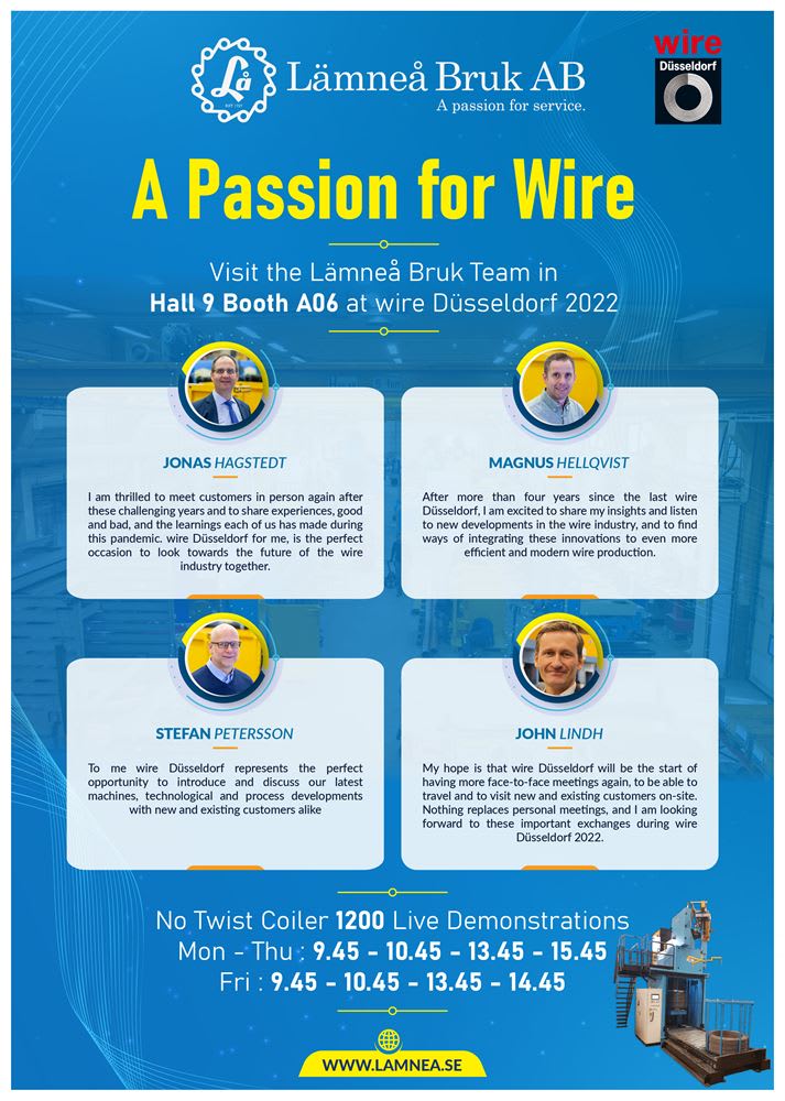 Lämneå Bruk AB promotion for Wire Düsseldorf 2022, inviting visitors to Hall 9 Booth A06. It features the company logo, 'A Passion for Wire' tagline, and portraits of team members Jonas Hagstedt, Magnus Hellqvist, Stefan Petersson, and John Lindh. The ad announces live demonstrations of the No Twist Coiler 1200 and includes their website www.lamnea.se.