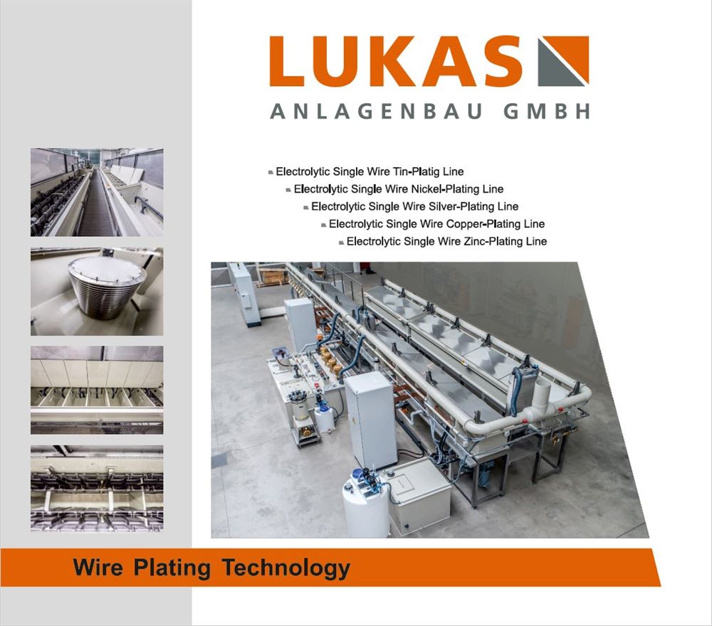Lukas Anlagenbau GmbH logo with an extensive industrial electrolytic wire plating line facility, showcasing their advanced wire plating technology for various metals.