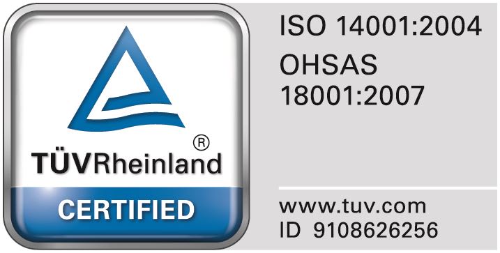 TÜV Rheinland Certified logo for ISO 14001:2004 Environmental Management and OHSAS 18001:2007 Occupational Health and Safety, with ID 9108626256.