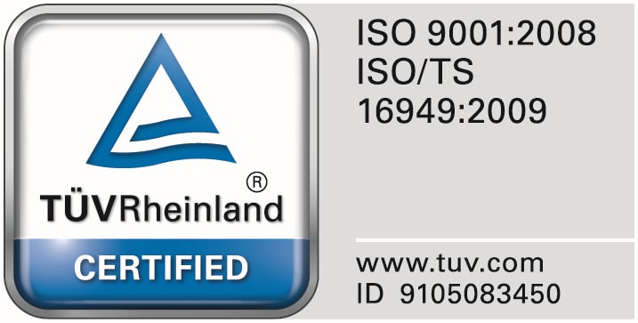 TÜV Rheinland CERTIFIED badge for ISO 9001:2008 and ISO/TS 16949:2009 quality management systems, with verification ID 9105083450.