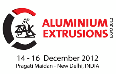ZAK Aluminium Extrusions Expo 2012 event poster, held from 14 to 16 December at Pragati Maidan, New Delhi, India.
