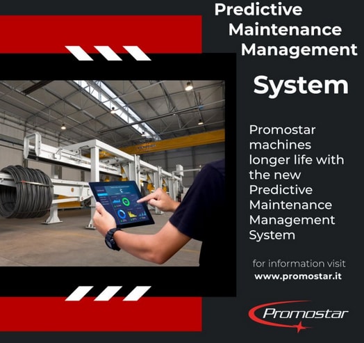 Promostar Predictive Maintenance Management System with a technician monitoring industrial machinery data on a tablet in a factory setting.