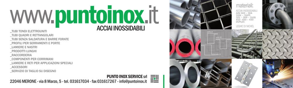 Punto Inox Service srl: catalogo prodotti e servizi in acciai inossidabili. L'immagine mostra tubi tondi, quadri e rettangolari, profili per serramenti, lamiere, nastri, raccorderia e componenti per corrimani. Vengono specificate leghe come AISI 304, 316L, Duplex e leghe di nichel, e servizi di taglio e saldatura.