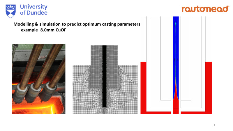Modelling and simulation of continuous casting for 8.0mm CuOF, depicting a molten metal furnace, a meshed solidification model, and a casting mold schematic, developed by University of Dundee and Rautomead.