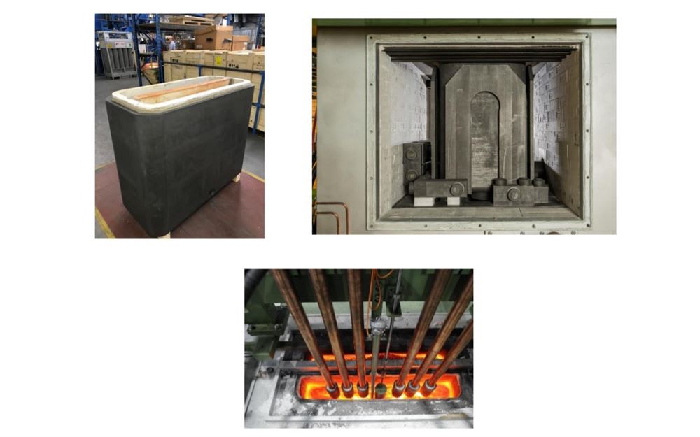 Industrial process equipment collage: a large rectangular refractory crucible, an open heat treatment furnace with internal components, and multiple rods immersed in glowing molten metal.