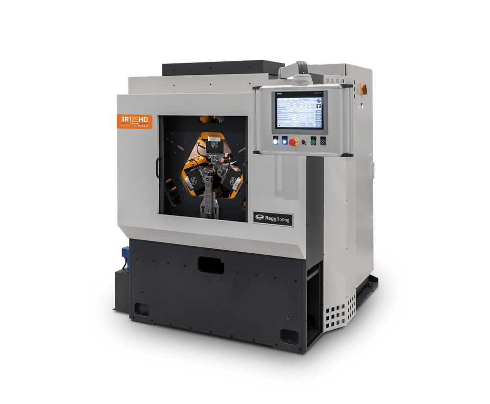Macchina industriale ReggRolling 3R125HD di colore grigio chiaro e scuro, dotata di un meccanismo interno a 3 rulli visibile attraverso una finestra, e un pannello di controllo touch screen con bottoni operativi.