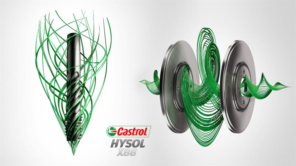 Castrol Hysol XBB: fluido lubrificante verde brillante che avvolge un utensile da taglio e scorre tra due dischi meccanici, simboleggiando protezione e prestazioni avanzate.