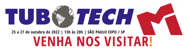 Advertisement for TUBOTECH 2022, an industrial event. Features the TUBOTECH logo with a metallic globe, event dates October 25-27, 13h-20h, at São Paulo Expo/SP, and the call to action 'VENHA NOS VISITAR!' (Come visit us!).