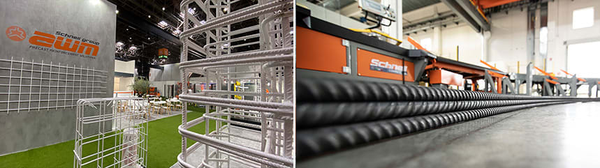 Schnell Group AWM exhibition booth displaying precast concrete reinforcement solutions, alongside industrial machinery processing steel rebar.
