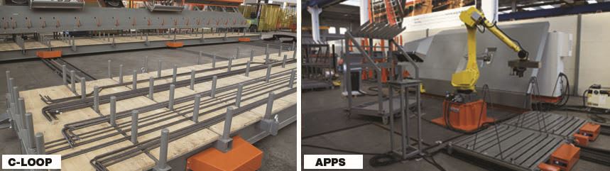Industrial rebar processing facility featuring a C-LOOP rebar bending and layout system with shaped rebar on wooden platforms on the left, and a robotic APPS rebar handling and assembly system with a yellow industrial robot arm over metal grids on the right.