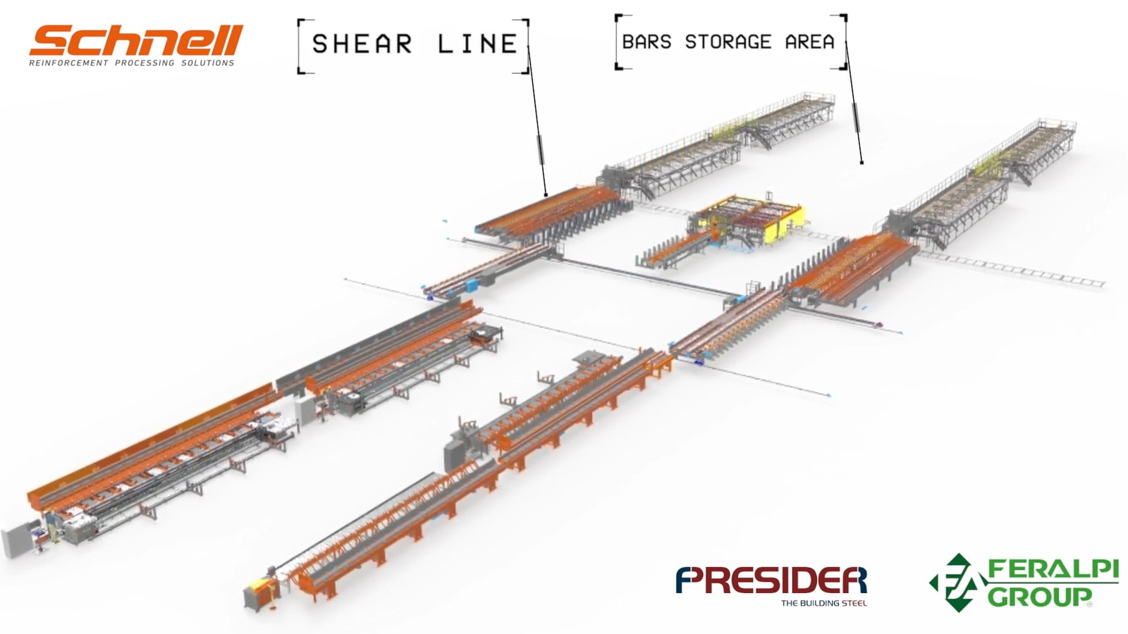 Diseño de una planta industrial de Schnell para el procesamiento de barras de refuerzo de acero, mostrando múltiples líneas de corte y áreas de almacenamiento de barras. Incluye los logos de Presider y Feralpi Group.