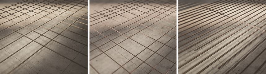 Бетонная поверхность с тремя вариантами сетчатого узора: крупная квадратная, мелкая пересекающаяся и плотные параллельные полосы.